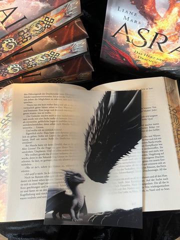 Das Page Overlay zeigt rechts einen kleinen hellen Drachen und links einen großen dunklen Drachenkopf, der sich dem kleinen Drachen zuneigt.